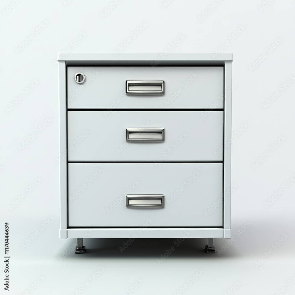 Modern white file cabinet with three drawers on plain background Modern white file cabinet with three drawers on plain background
