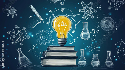 Knowledge and web education sketch design with light bulb plugged into a tall stack of books. Surrounded by flasks, DNA, hourglass, gears, ruler, atom and pencil  photo