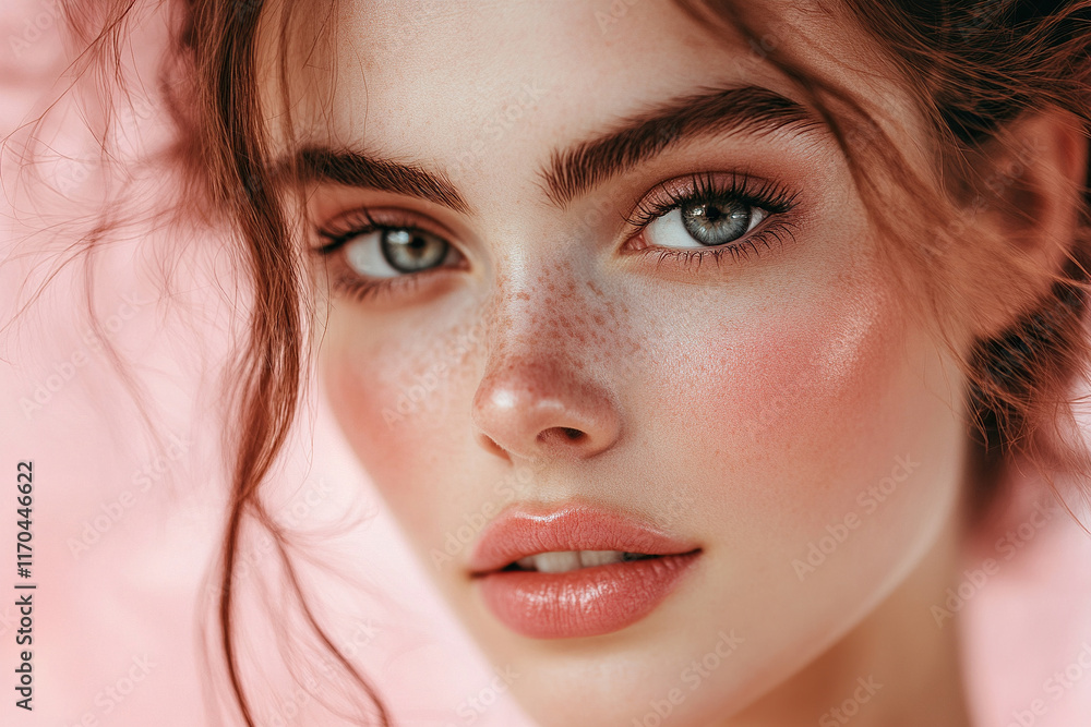 Obraz premium Portrait of a beautiful young woman with clean fresh skin on pink background. Girl's facial skin care. Cosmetology, beauty and spa. Generated by artificial intelligence