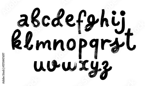 Funky brush drawn lowercase letters. Grunge alphabet with cursive letters and rough texture.