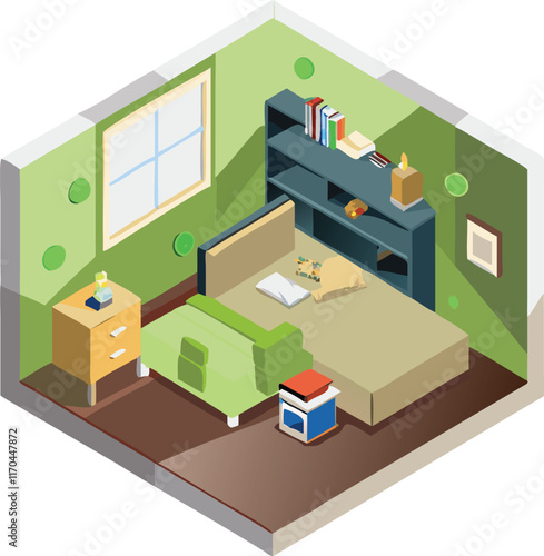 Cube green isometric room vector and illustration