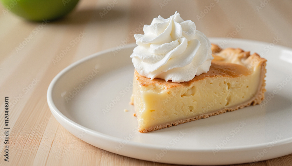 Slice of cheesecake topped with whipped cream on a plate Slice of cheesecake topped with whipped cream on a plate