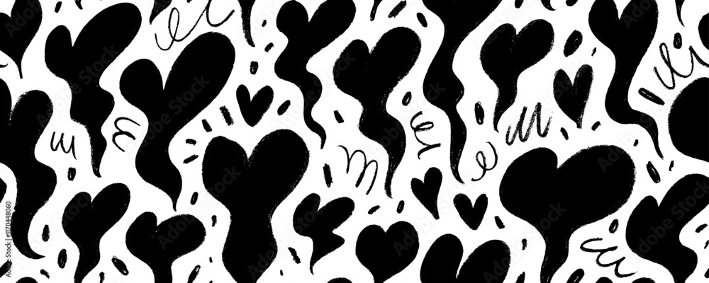 Fototapeta premium Crayon drawn fluid hearts with squiggles and dots background.
