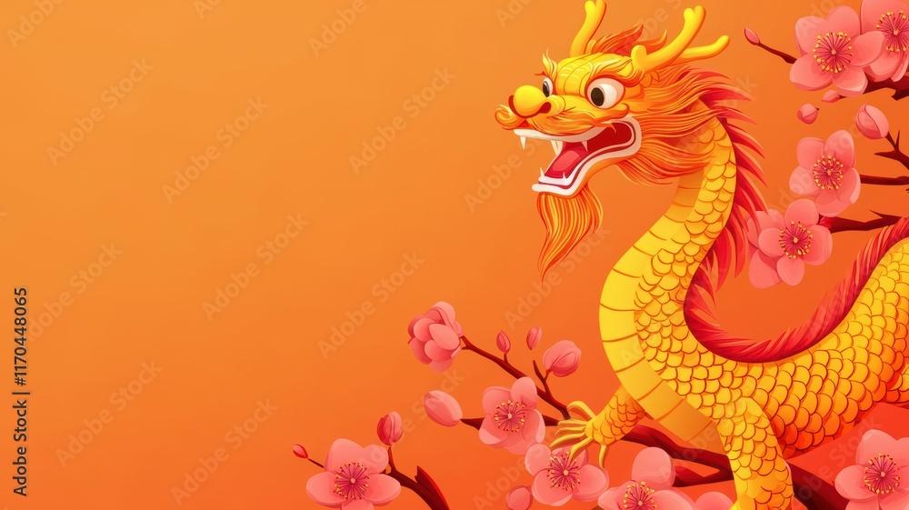 Fototapeta premium Chinese new year background. Vibrant dragon illustration surrounded by pink blossoms on an orange background.