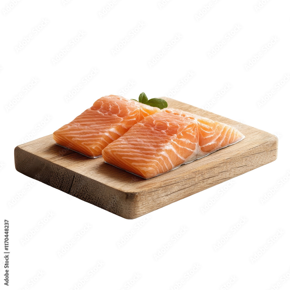 Salmon on a wooden tray, isolated on a white background, offering a rustic and inviting appearance. cutout png Salmon on a wooden tray, isolated on a white background, offering a rustic and inviting appearance. cutout png
