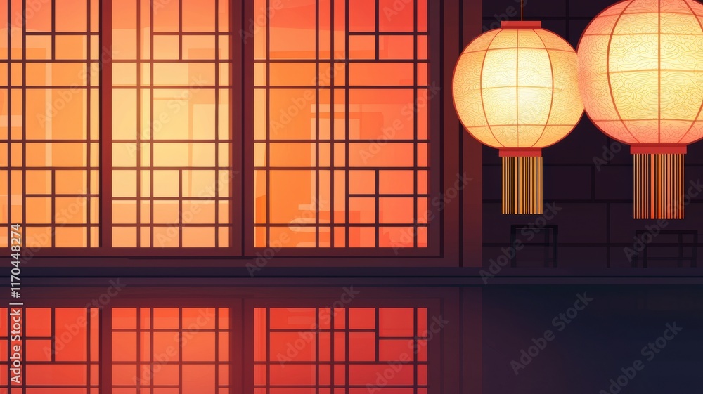 Fototapeta premium Chinese new year background. Serene interior with glowing lanterns and warm sunset hues reflecting on a tranquil surface.