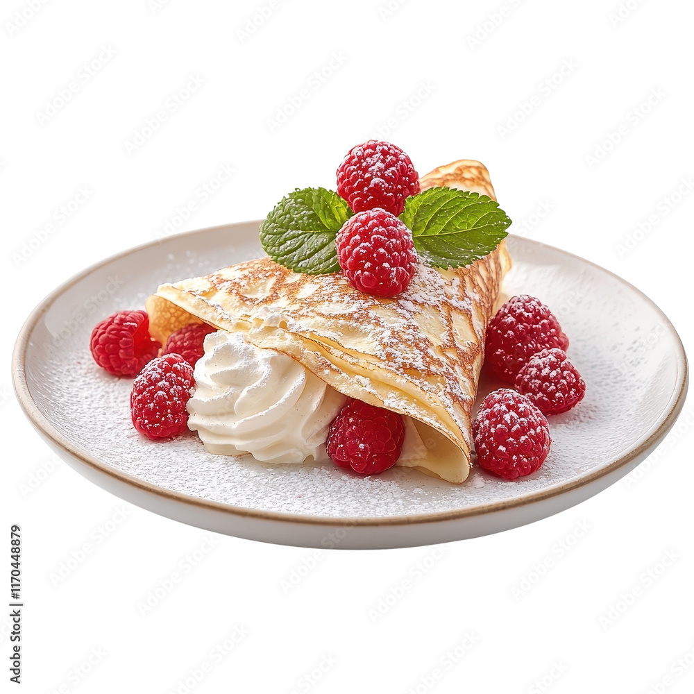 Raspberry crepe on a plate, isolated on a white background, elegantly showcasing its delicious layers. cutout png Raspberry crepe on a plate, isolated on a white background, elegantly showcasing its delicious layers. cutout png