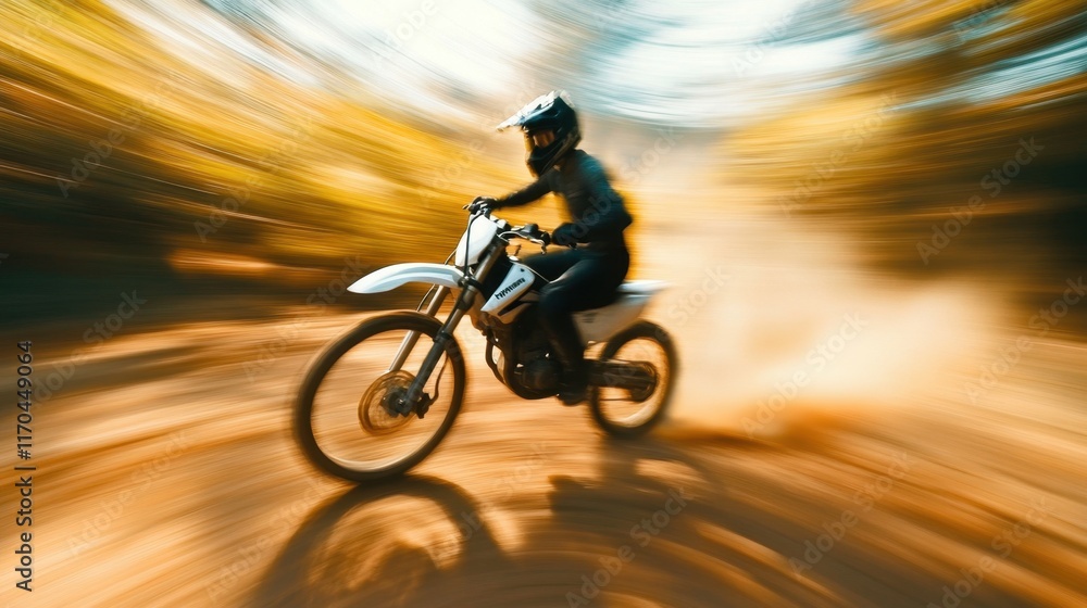 Motorcyclist speeding through autumn forest trails amidst blurred motion capturing the essence of adventure and thrill Motorcyclist speeding through autumn forest trails amidst blurred motion capturing the essence of adventure and thrill