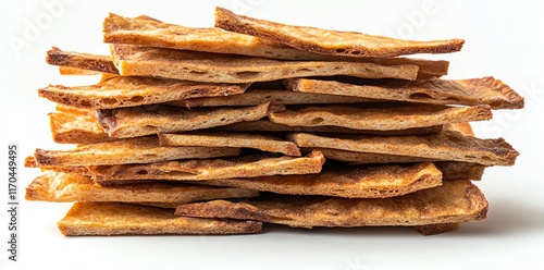 A stack of crispy pita bread chips on white background. photo