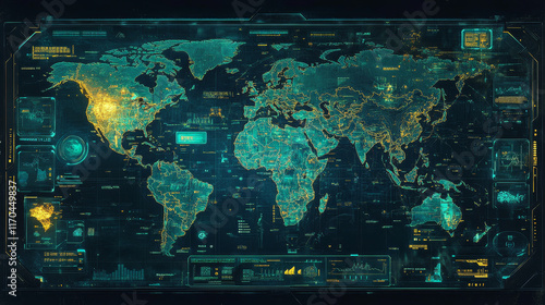 HUD UI, futuristic user interface and infographics with danger, warning alert signs, vector screen controls. HUD digital technology or cyber game dashboard with red radar and controls on world map photo