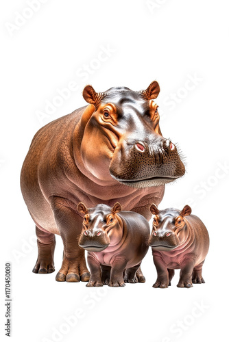 A family of hippos, isolate on white background, gathered together with joyful and loving expressions. cutout png photo