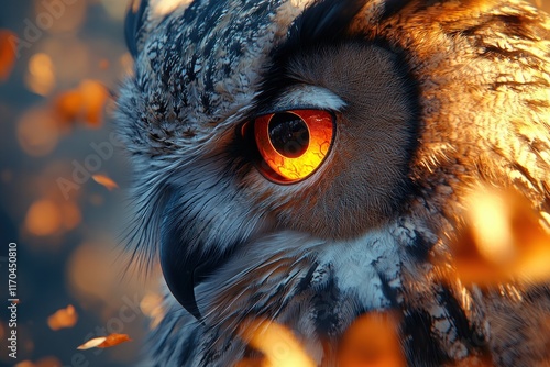 Close-up of Great Spotted Owl Face with Intricate Feather Details and Bright Orange Eye photo