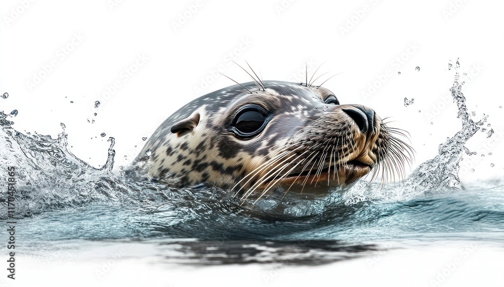 Fototapeta premium Harbor seal surfacing, ocean water splash, white background, wildlife