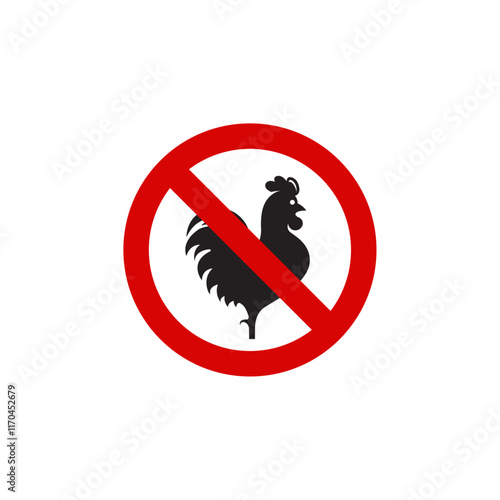 No chicken ban sign, icon in prohibition red circle, forbidden symbol. Vector illustration isolated on white