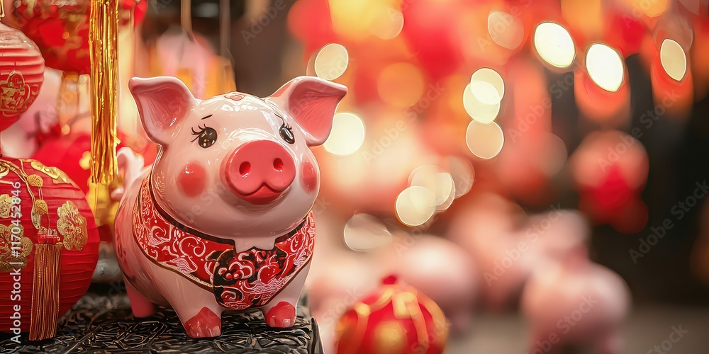 Naklejka premium Year of the Pig celebration with pig-themed decorations and food.