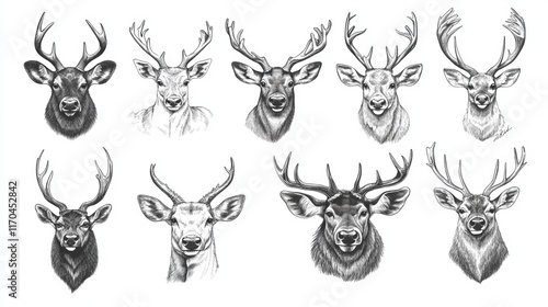 Animal isolated sketch set of african and forest mammal animal. Elephant, bear, deer, grizzly, elk, reindeer, antelope, moose and roe deer head vector symbol for hunting sport, zoo and nature design. photo