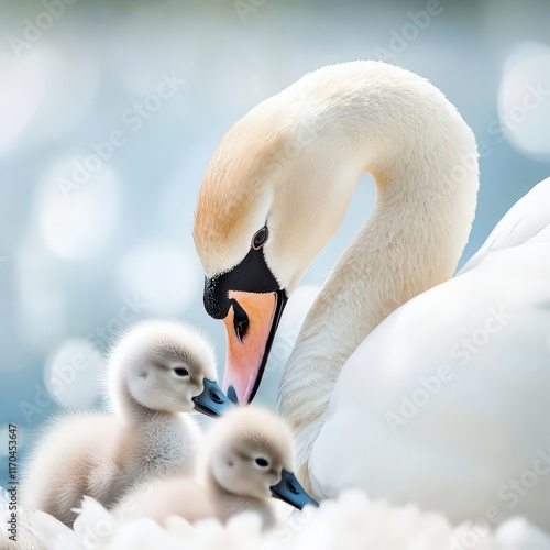 Fototapeta Naklejka Na Ścianę i Meble -  A swan cleaning her cygnets under her wing.