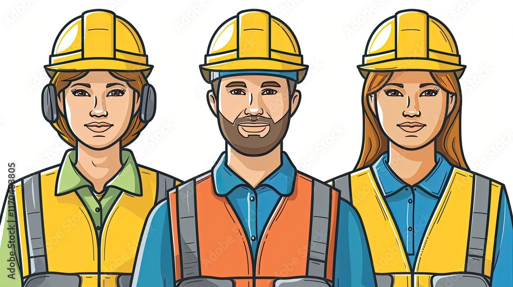 Three construction workers in hard hats and safety vests. Three construction workers in hard hats and safety vests.