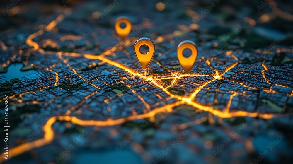 Illuminated City Map Showing Location Markers Illuminated City Map Showing Location Markers