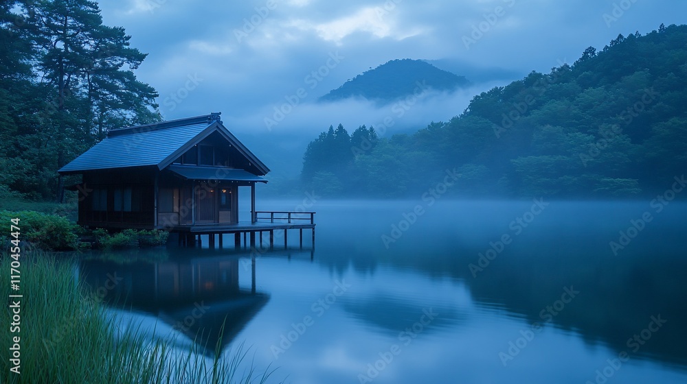 Fototapeta premium Misty mountain lake cabin, tranquil dawn scene, serene reflection