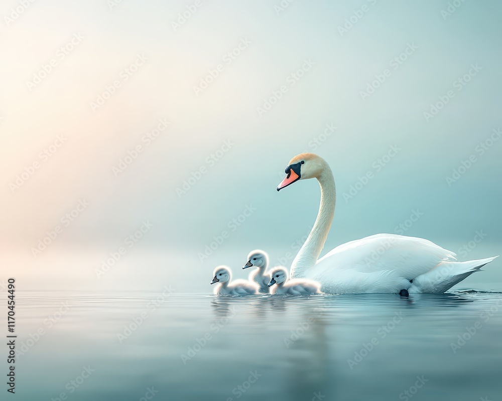 Fototapeta premium A swan leading her cygnets in a synchronized swim.