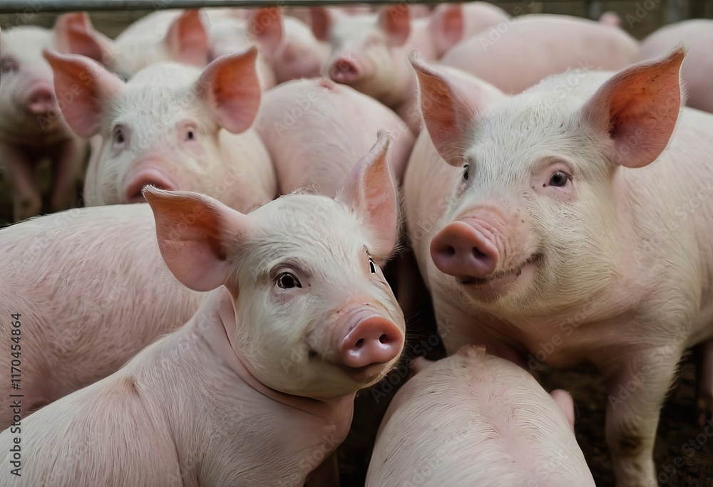A herd of pigs standing together and looking at the camera A herd of pigs standing together and looking at the camera