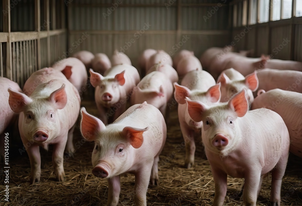 A herd of pigs standing together and looking at the camera A herd of pigs standing together and looking at the camera