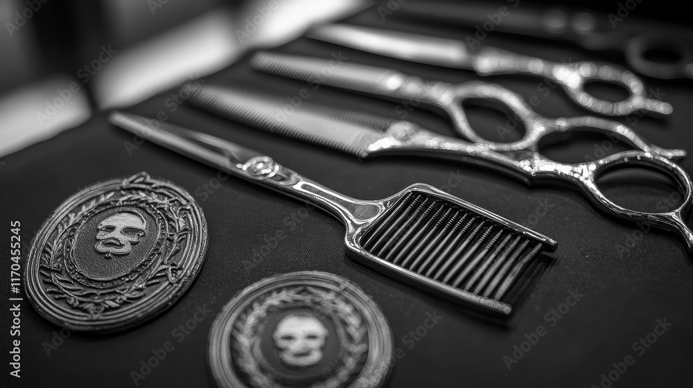 Barber Shop emblems or labels depicting a comb and scissors with text, one in a shield and the other with a ribbon banner and wreath Barber Shop emblems or labels depicting a comb and scissors with text, one in a shield and the other with a ribbon banner and wreath