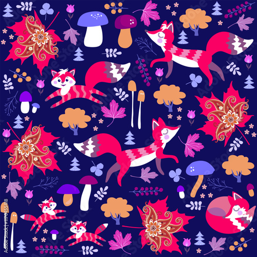 Cute seamless pattern with foxes and mushrooms in autumn forest. Print for fa...