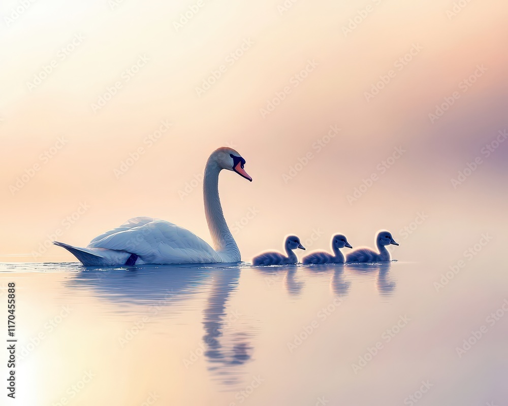 Obraz premium A swan leading her cygnets in a synchronized swim.