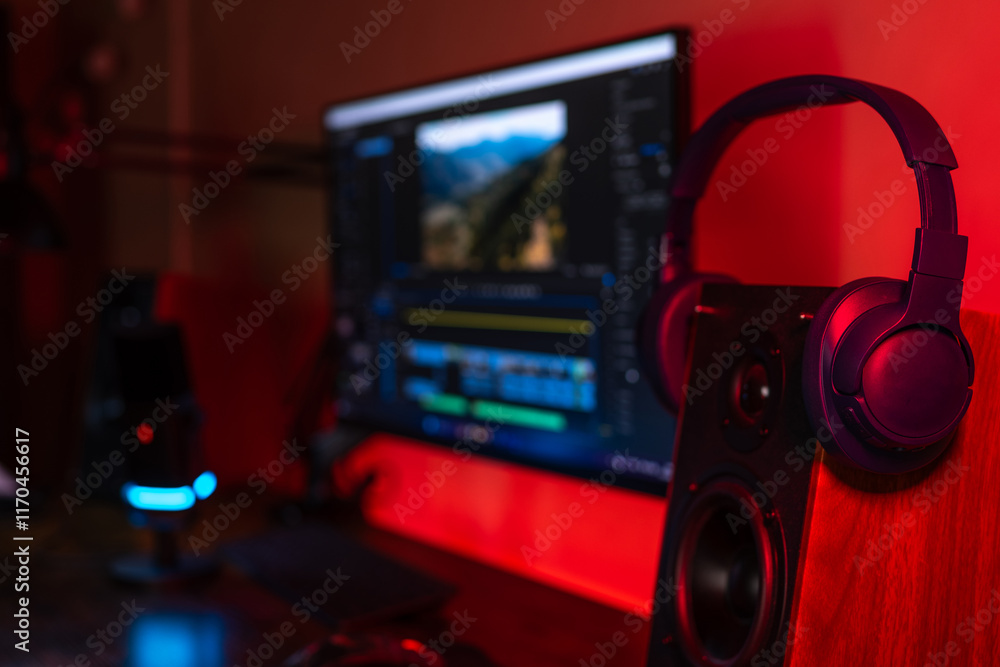 Desktop with speakers and monitor Desktop with speakers and monitor