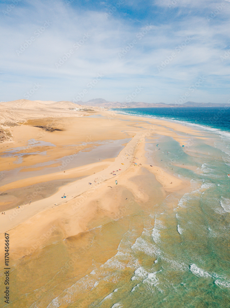 aerial drone shot from Canary islands. Sotavento beach in Fuerteventura.