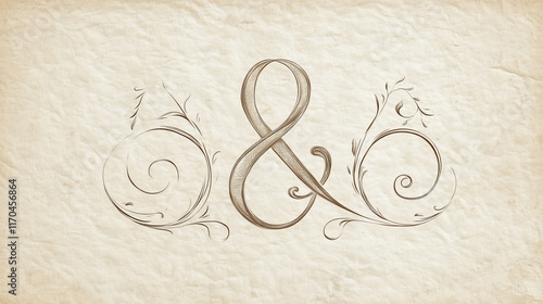 Ampersand and catchword hand drawn lettering elements. Retro typography font or vintage type, decorated with ribbon banner and swirls for wedding invitation and greeting card design photo