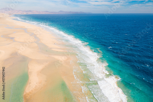 aerial drone shot from Canary islands. Sotavento beach in Fuerteventura.