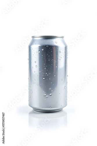 Sleek Metallic Can with Moisture Against a White Background
