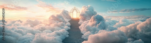 A serene pathway leads upwards through fluffy clouds to a radiant gateway, illuminated by soft sunlight, evoking a sense of peace and transcendence.