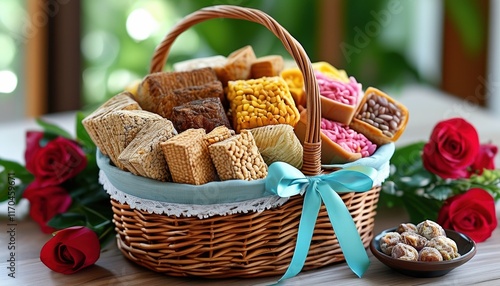 Traditional mishloach manot basket for purim celebration photo