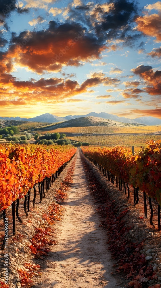 Fototapeta premium Vibrant autumn vineyard landscape under a colorful sunset