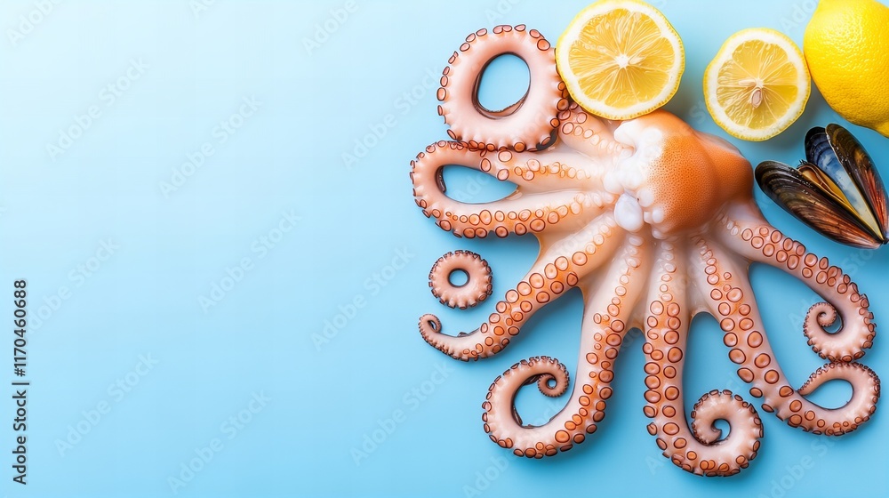 Naklejka premium Fresh seafood with octopus tentacles, lemon, and mussels on blue background