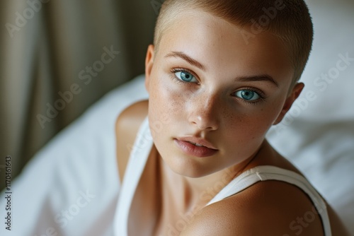 portrait of a young woman with blonde buzz cut, freckles, and blue eyes photo