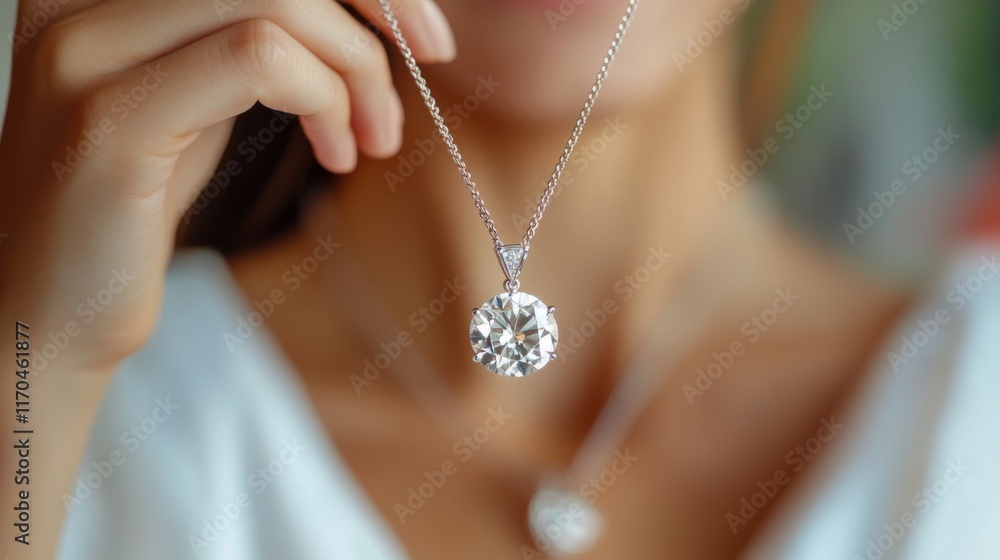 Woman showcasing a large solitaire diamond pendant necklace.