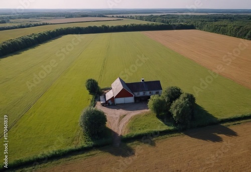 Here is an aerial view showcasing a large farm with cows and various buildings photo