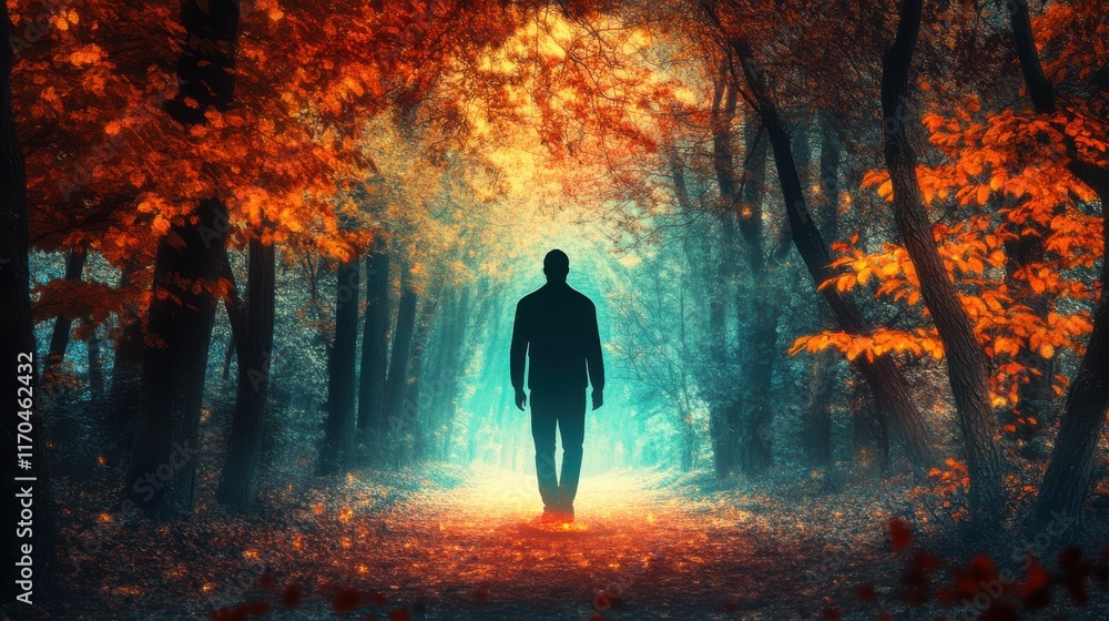 Man glowing in a vibrant autumn forest illuminated by soft light Man glowing in a vibrant autumn forest illuminated by soft light