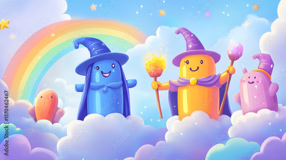 World health day flyer. Cartoon vitamin wizard and mage characters on clouds. Vector invitation poster template with funny nutrient capsules wear magician costumes and wands on heaven with rainbow World health day flyer. Cartoon vitamin wizard and mage characters on clouds. Vector invitation poster template with funny nutrient capsules wear magician costumes and wands on heaven with rainbow