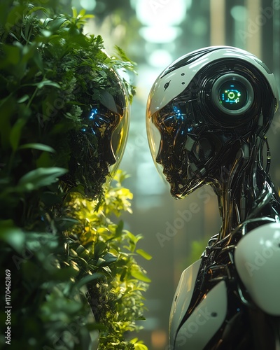 Two futuristic humanoid robots, one enveloped in foliage and the other sleek metallic, standing facetoface in a vibrant greeneryfilled environment photo