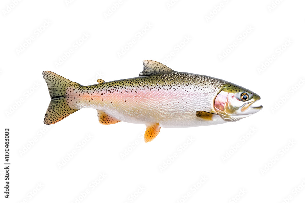 Closeup of a colorful rainbow trout fish with spotted scales, fins and open mouth isolated on white transparent background, concept of wildlife Closeup of a colorful rainbow trout fish with spotted scales, fins and open mouth isolated on white transparent background, concept of wildlife