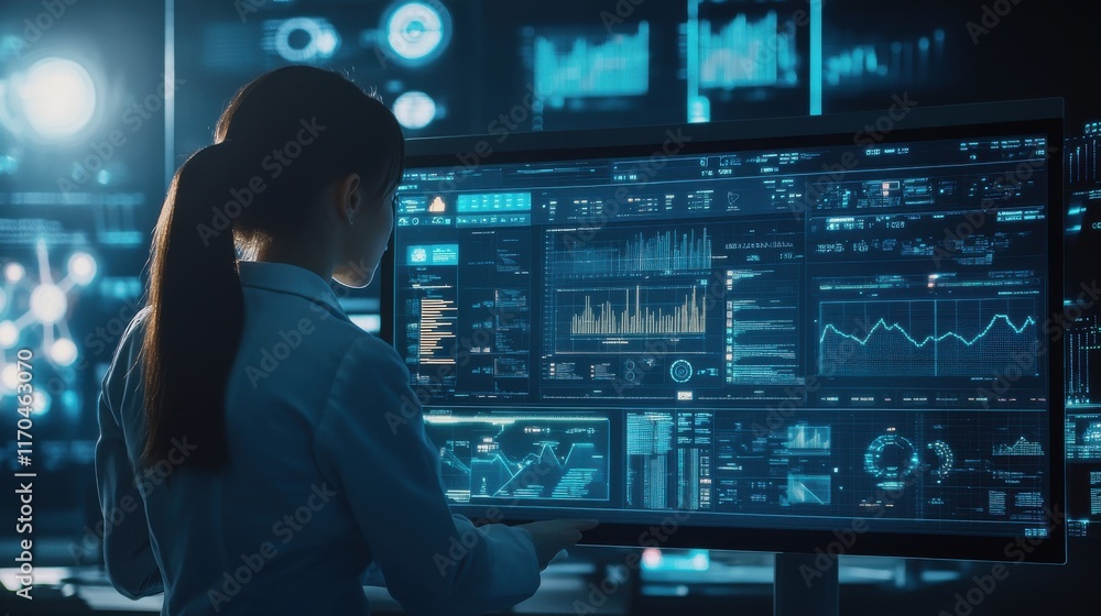 Professional analyzing financial data on advanced digital interface in a high-tech environment Professional analyzing financial data on advanced digital interface in a high-tech environment