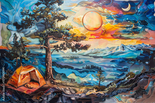 Bring the essence of surrealism to life in a high-angle view oil painting portraying a wilderness camping scene, merging abstract art forms seamlessly Captivate viewers with dreamlike hues and intrica photo