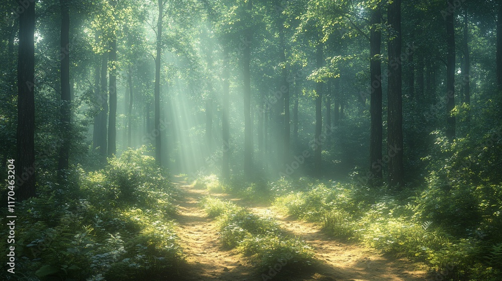 Sunbeams Illuminate A Misty Forest Path Sunbeams Illuminate A Misty Forest Path