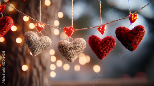 String of red and white hearts hanging from a tree
